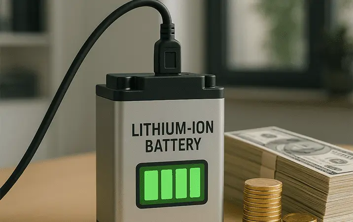 KI-generiertes Bild: Ein Lithium-Ionen-Akku wird in einem Werkstattumfeld geladen. Daneben ein Stapel Geld, der die Haftungsrisiken von Gewerbemietern symbolisiert.