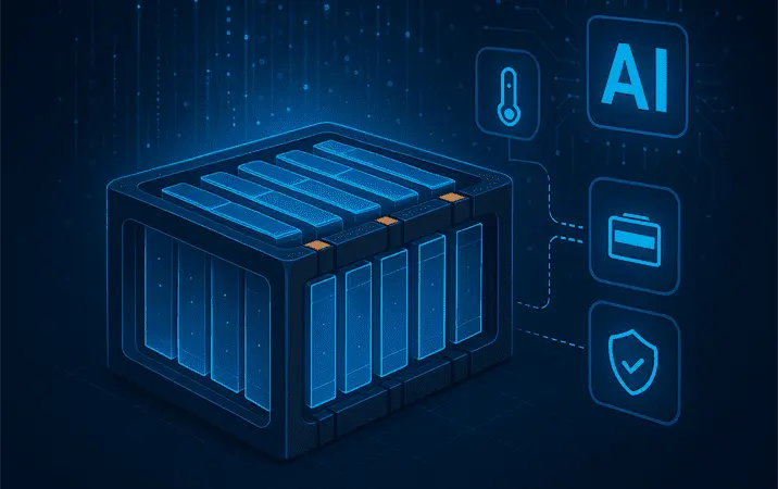 KI-generiertes Bild: Visualisierung eines Batteriemoduls mit digitalen Datenströmen und KI-Analyse zur Überwachung von Temperatur, Ladezustand und Sicherheit. KI-generiertes Bild