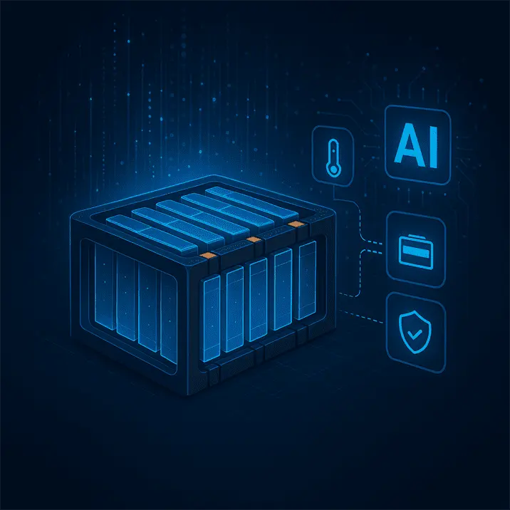 KI-generiertes Bild: Visualisierung eines Batteriemoduls mit digitalen Datenströmen und KI-Analyse zur Überwachung von Temperatur, Ladezustand und Sicherheit. KI-generiertes Bild