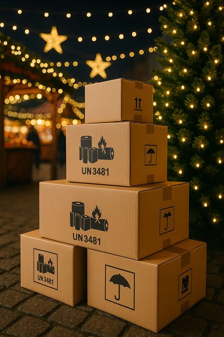 AI-generated Image: Stacks of shipping boxes: During the Christmas season, the secure shipping of batteries in online retail increases significantly.