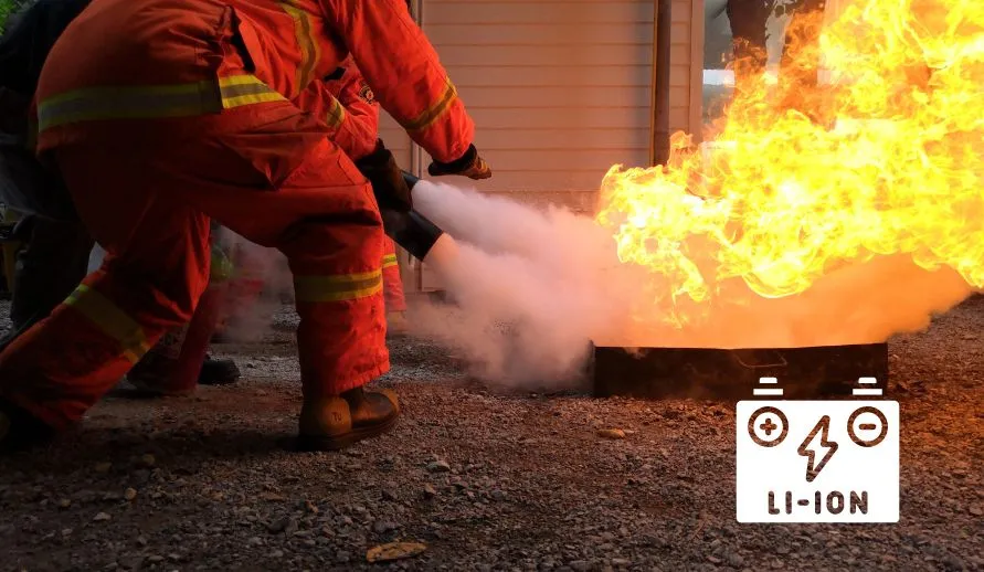 Firefighters wearing breathing protection extinguish a fire. This can take longer with burning lithium-ion batteries.