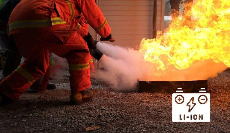 Firefighters wearing breathing protection extinguish a fire. This can take longer with burning lithium-ion batteries.