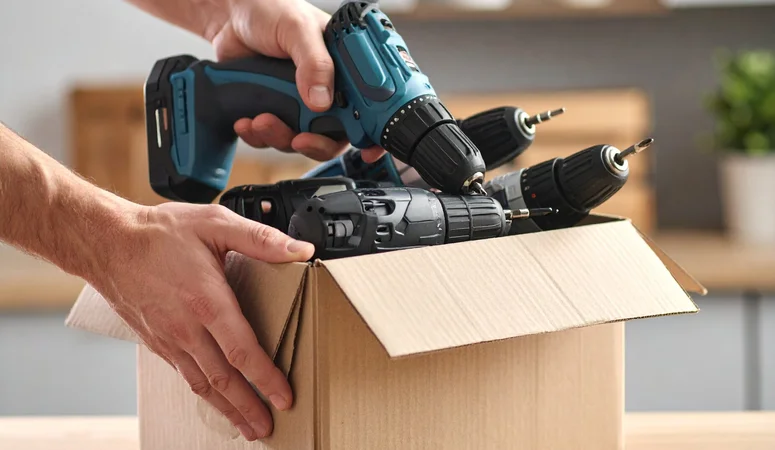 Several cordless screwdrivers are packed in a cardboard box for disposal.