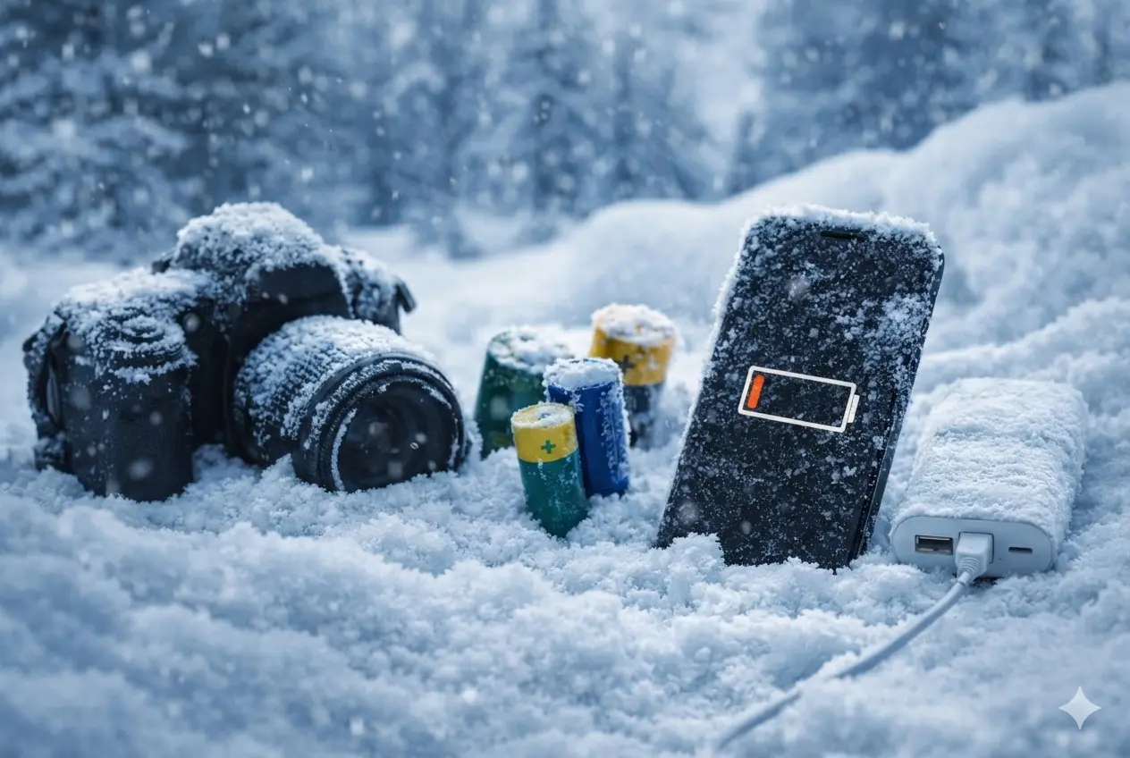 Mehrere E-Geräte sowie Batterien in einer schneebedeckten Winterlandschaft eingeschneit.  