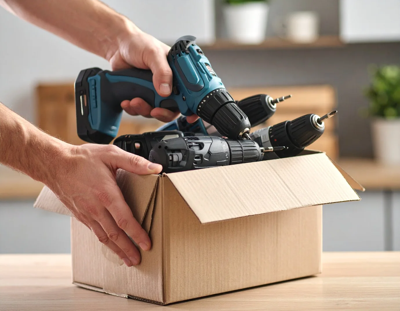 Mehrere Akkuschrauber werden in einem Karton zur Entsorgung verpackt.