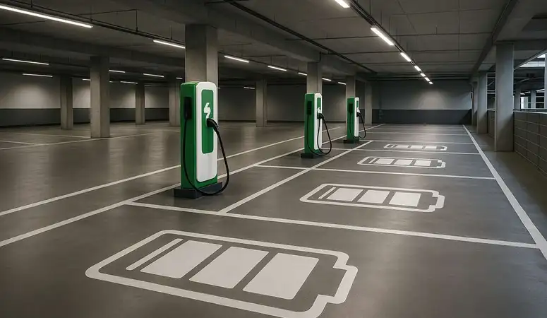 Blick in ein modernes Parkhaus mit E-Ladesäulen und stilisierten Lithium-Ionen-Akku-Symbolen auf dem Boden