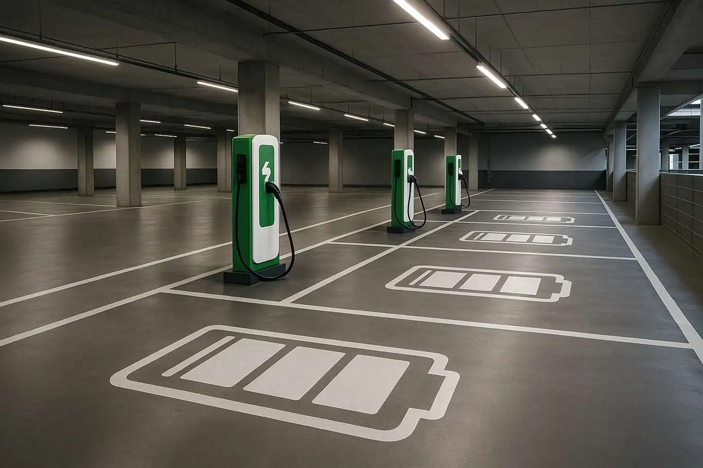 Blick in ein modernes Parkhaus mit E-Ladesäulen und stilisierten Lithium-Ionen-Akku-Symbolen auf dem Boden