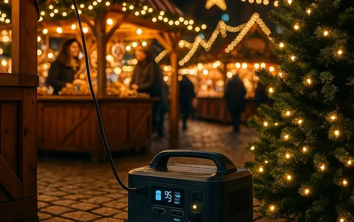 AI-generated Image: Lights at a Christmas market: mobile batteries supply stalls and events with power.