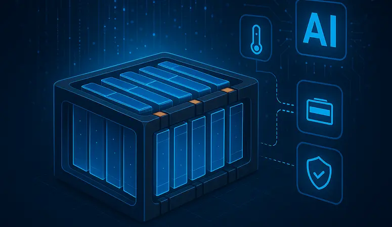 AI-generated image: visualization of a battery module with digital data streams and AI analysis for monitoring temperature, state of charge, and safety.