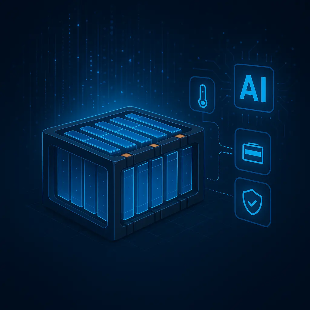 AI-generated image: visualization of a battery module with digital data streams and AI analysis for monitoring temperature, state of charge, and safety.