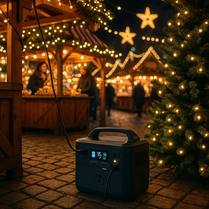 KI-generiertes Bild: Lichter auf einem Weihnachtsmarkt: Mobile Akkus versorgen Stände und Events mit Strom.