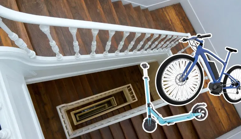 A bicycle is stored in the stairwell.