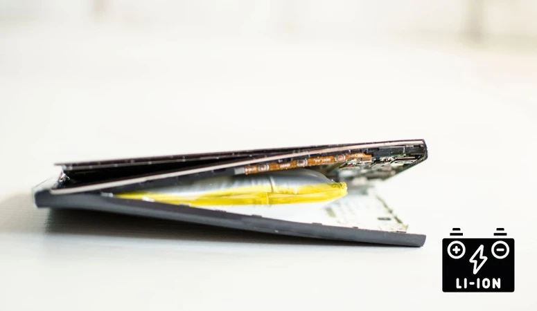Opened smartphone with swollen battery. The lithium-ion battery can only be disposed of.