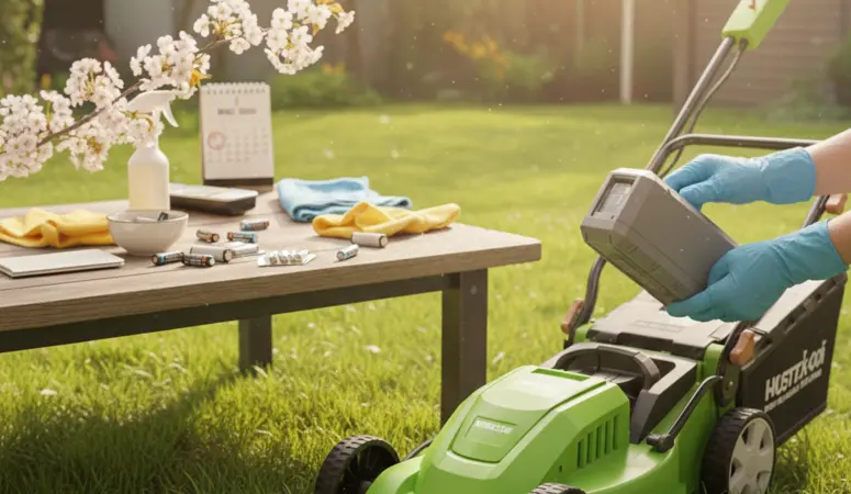 Eine Person mit blauen Handschuhen setzt einen Akku in einen hellgrünen Rasenmäher ein. Im Hintergrund steht ein Gartentisch mit Kirschblütenzweigen, Batterien und Putzutensilien in einem sonnigen Garten.