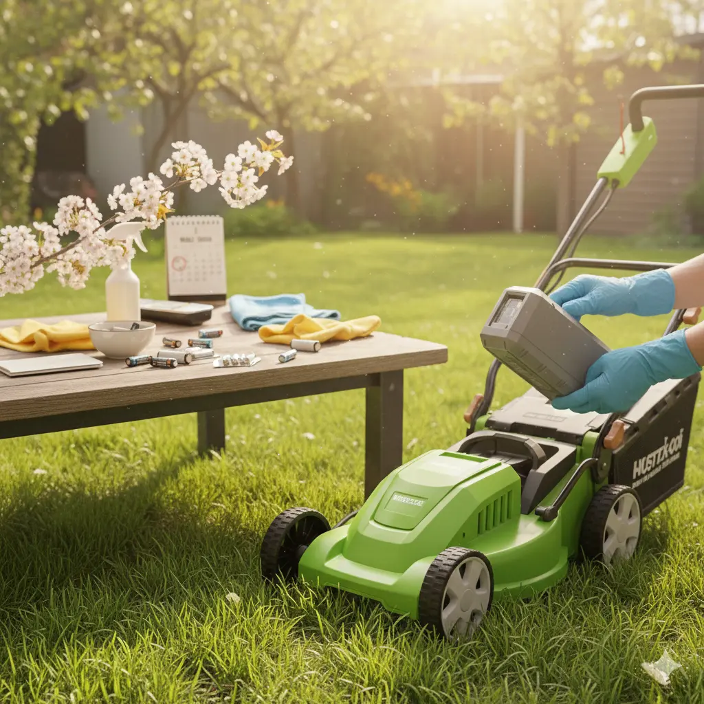Eine Person mit blauen Handschuhen setzt einen Akku in einen hellgrünen Rasenmäher ein. Im Hintergrund steht ein Gartentisch mit Kirschblütenzweigen, Batterien und Putzutensilien in einem sonnigen Garten.