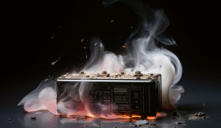 Lithium-Ionen-Akku nach einem thermischen Durchgehen (thermal runaway).