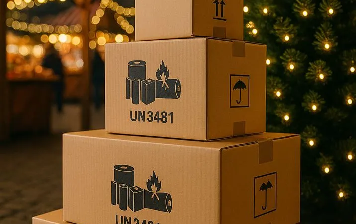 KI-generiertes Bild: Stapel aus Versandkartons: Im Weihnachtsgeschäft steigt der sichere Versand von Akkus im Onlinehandel stark an.