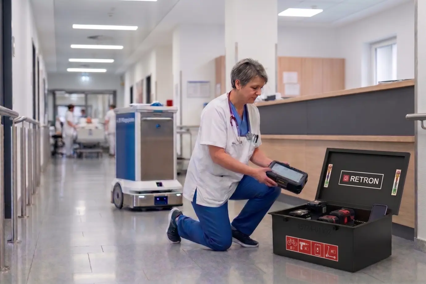 Eine Pflegekraft kniet in einem Krankenhausflur und nimmt einen Akku aus einer RETRON BOX. Im Hintergrund ist ein autonomer Transportroboter auf dem Flur zu sehen.
